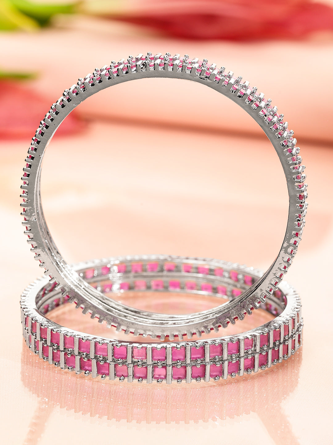 Wentra Set of 4 Rhodium-Plated Ruby Pink Cubic Zirconia Studded Handcrafted Premium Bangles for Women