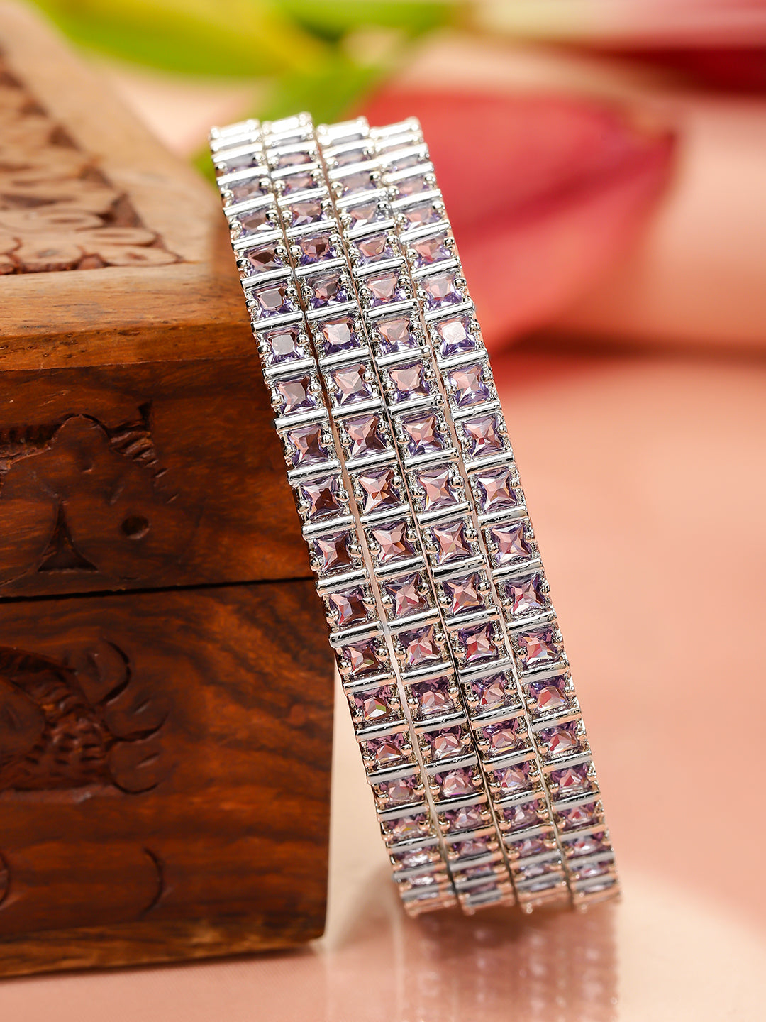 Wentra Set of 4 Rhodium-Plated Lavender Cubic Zirconia Studded Handcrafted Premium Bangles