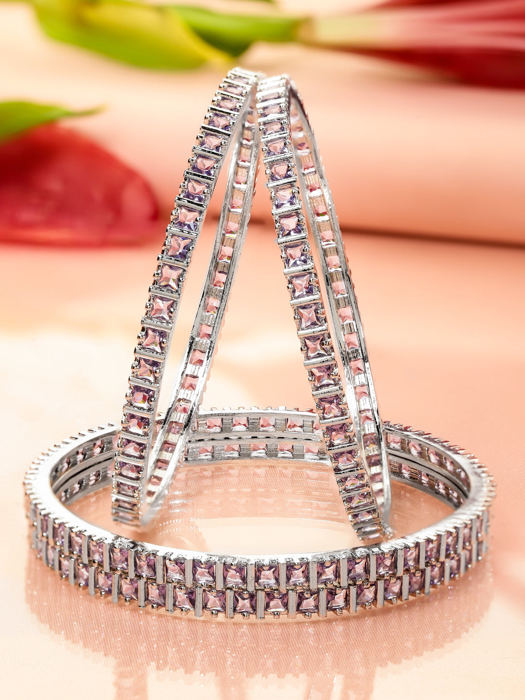 Wentra Set of 4 Rhodium-Plated Lavender Cubic Zirconia Studded Handcrafted Premium Bangles