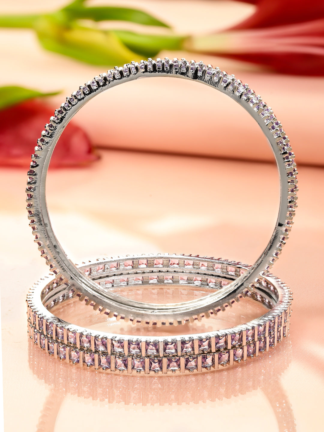 Wentra Set of 4 Rhodium-Plated Lavender Cubic Zirconia Studded Handcrafted Premium Bangles