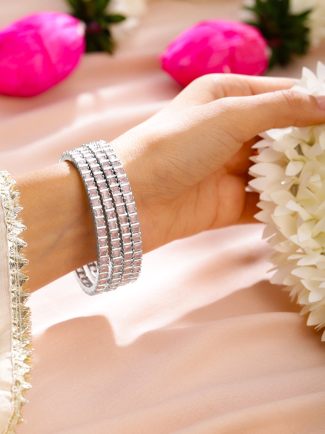 Wentra Set of 4 Rhodium-Plated Pastel Pink Cubic Zirconia Studded Handcrafted Premium Bangles for Women