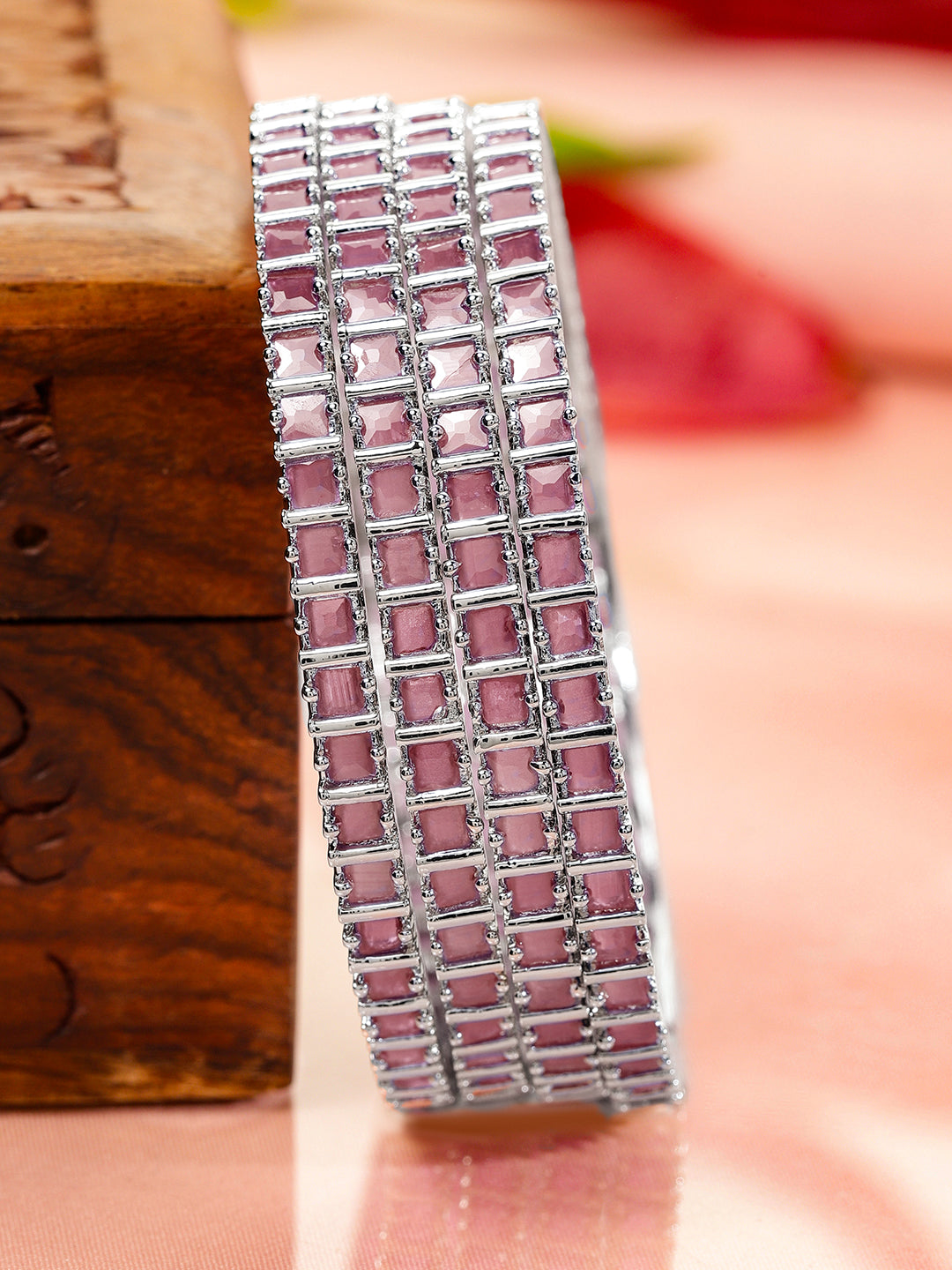 Wentra Set of 4 Rhodium-Plated Pastel Pink Cubic Zirconia Studded Handcrafted Premium Bangles for Women