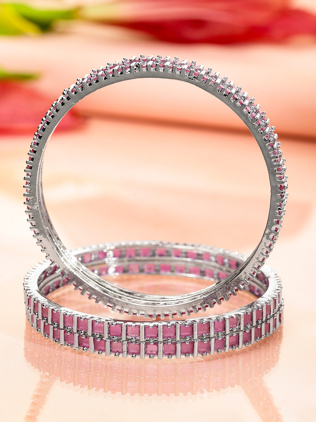 Wentra Set of 4 Rhodium-Plated Pastel Pink Cubic Zirconia Studded Handcrafted Premium Bangles for Women