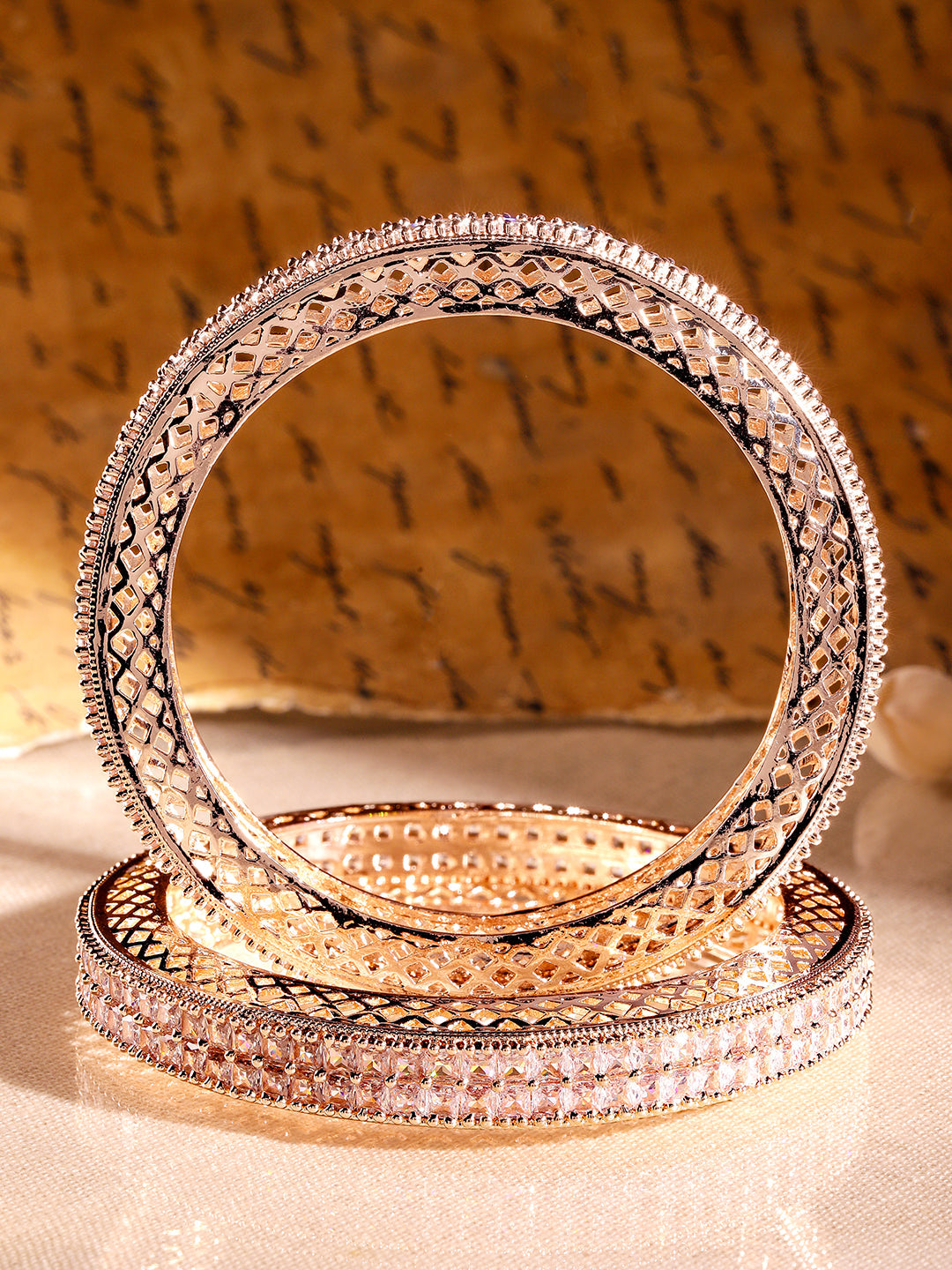 Wentra Set of 2 18K Rose Gold-Plated White Cubic Zirconia Studded Luxe Bangles for Women