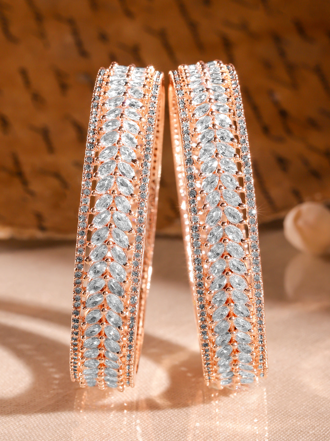 Wentra Set of 2 22K Rose Gold-Plated  White Cubic Zirconia Studded Leaf Motif Handcrafted Premium Bangles