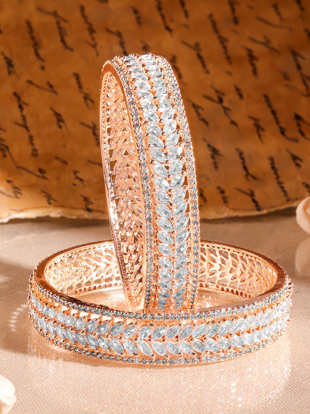 Wentra Set of 2 22K Rose Gold-Plated  White Cubic Zirconia Studded Leaf Motif Handcrafted Premium Bangles