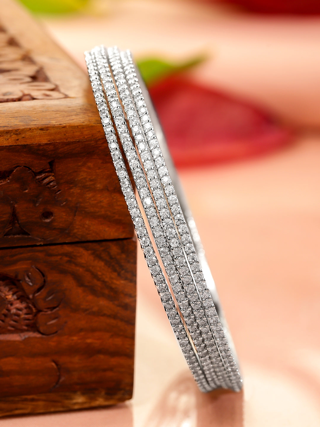 Wentra Set of 4 Rhodium-Plated Sparkling White Cubic Zirconia Stones Handcrafted Premium Bangles
