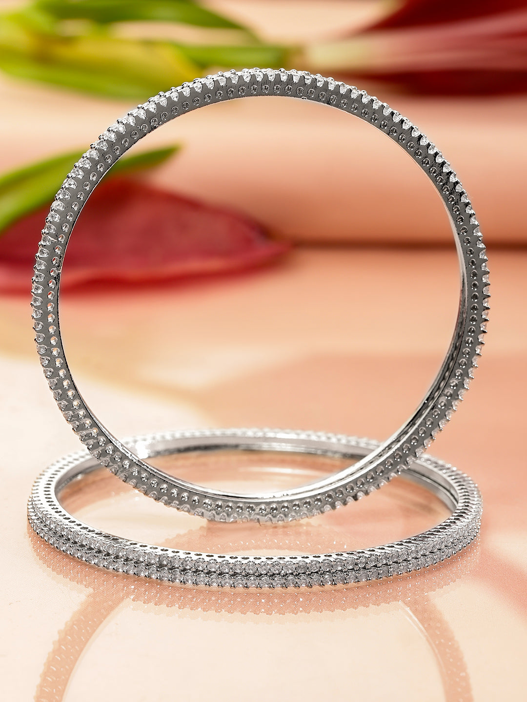 Wentra Set of 4 Rhodium-Plated Sparkling White Cubic Zirconia Stones Handcrafted Premium Bangles