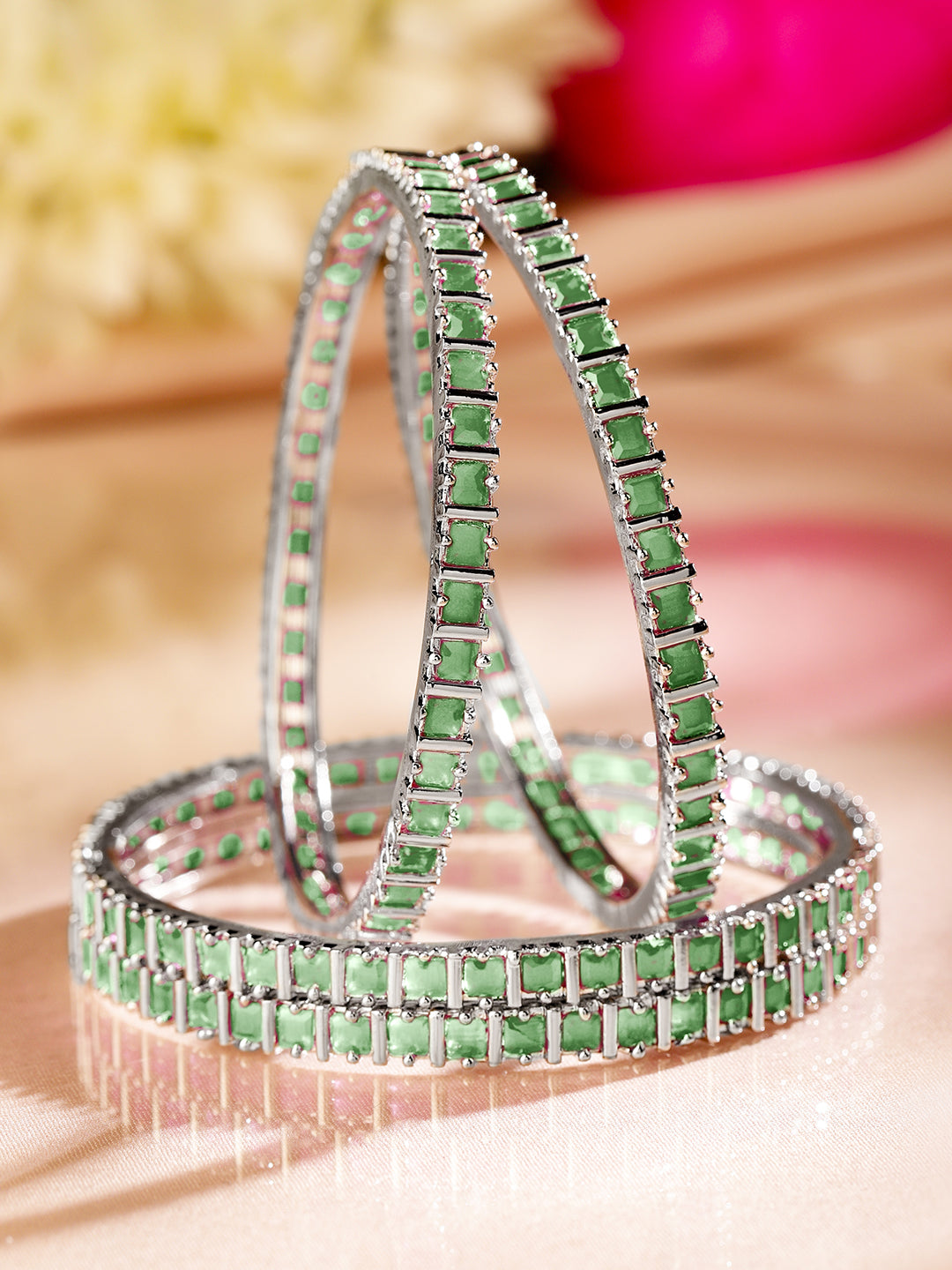 Wentra Set of 4 Rhodium Plated Emerald Green Square-Cut Cubic Zirconia Studded Bangles