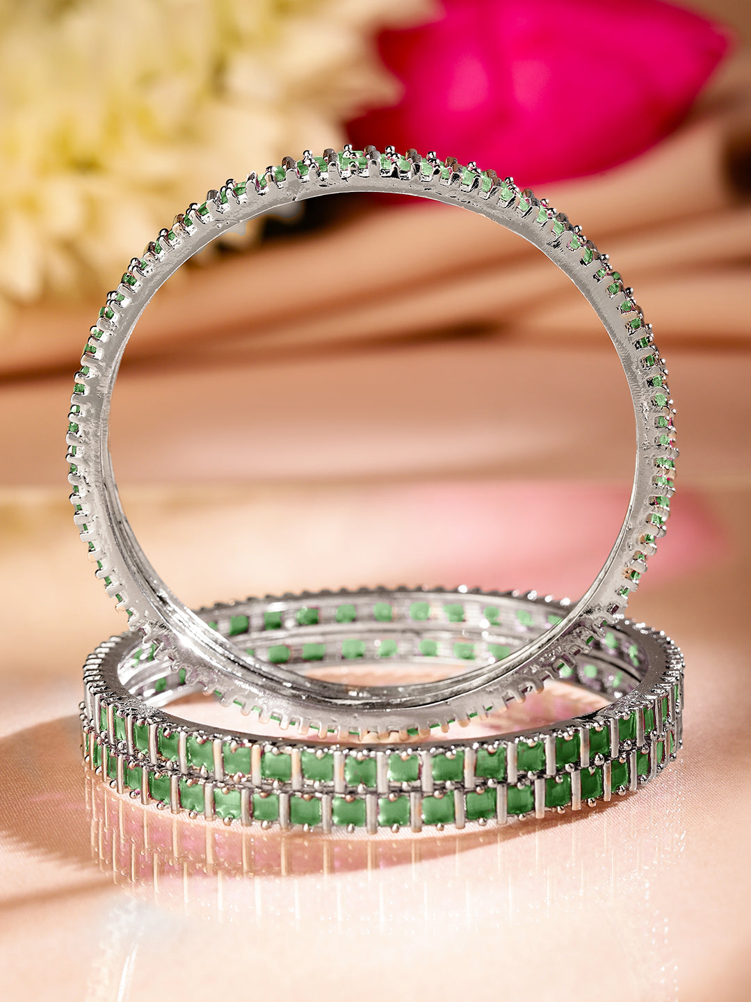 Wentra Set of 4 Rhodium Plated Emerald Green Square-Cut Cubic Zirconia Studded Bangles