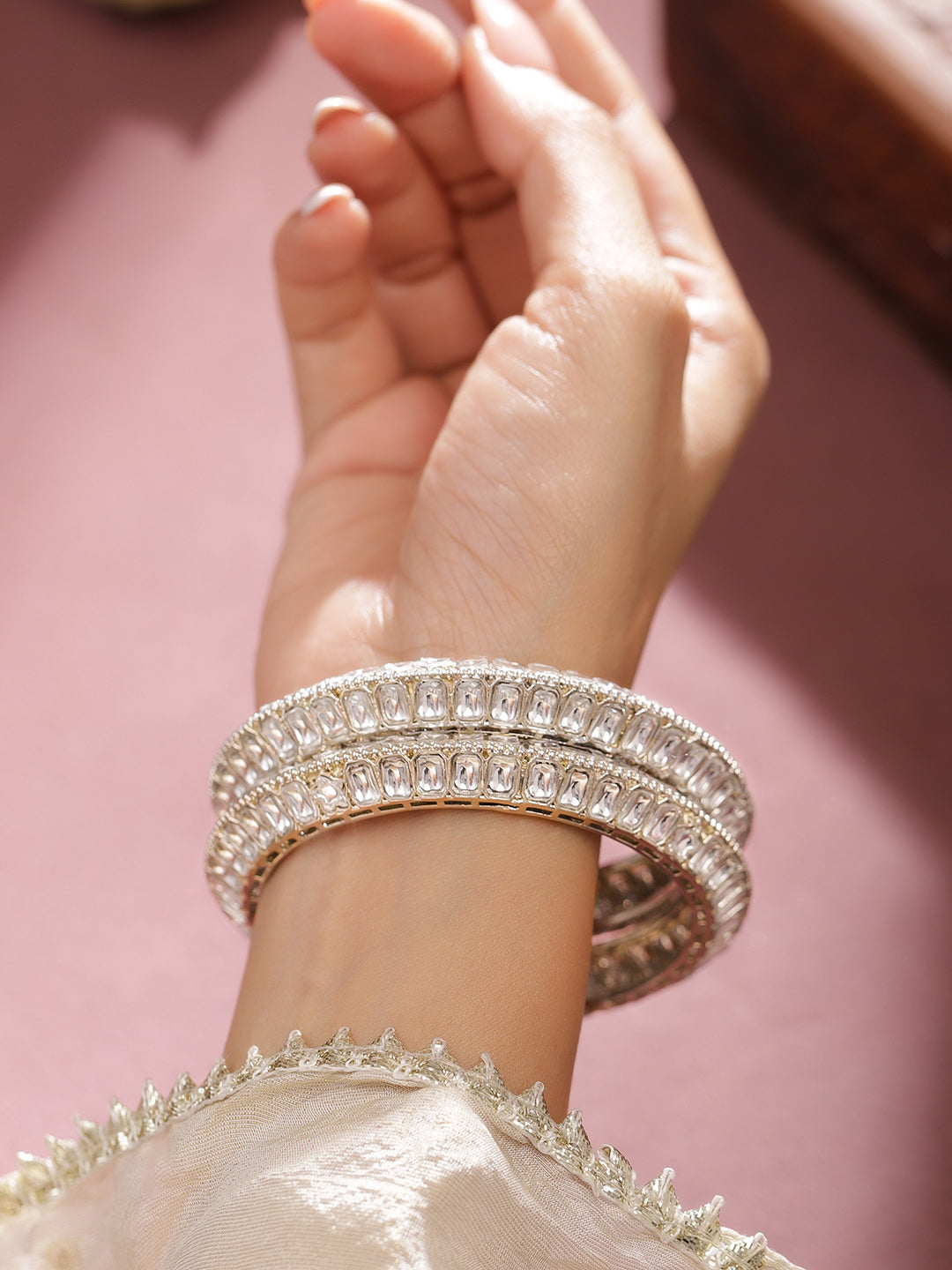 Wentra Set of 2 Silver-Plated White Kundan Studded Broad Traditional Bangles
