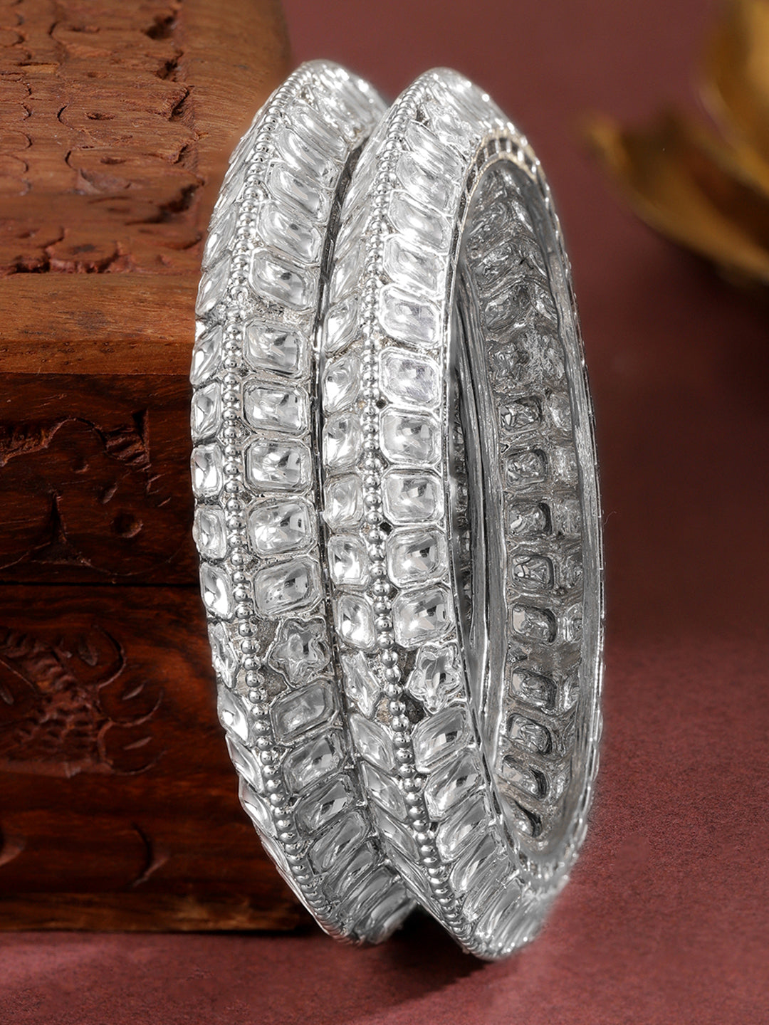 Wentra Set of 2 Silver-Plated White Kundan Studded Broad Traditional Bangles
