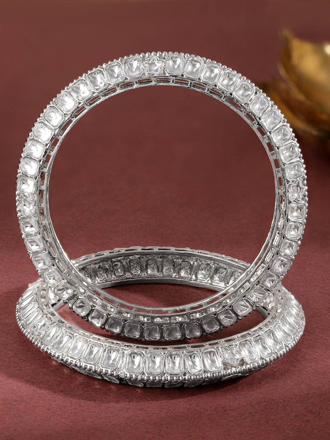 Wentra Set of 2 Silver-Plated White Kundan Studded Broad Traditional Bangles
