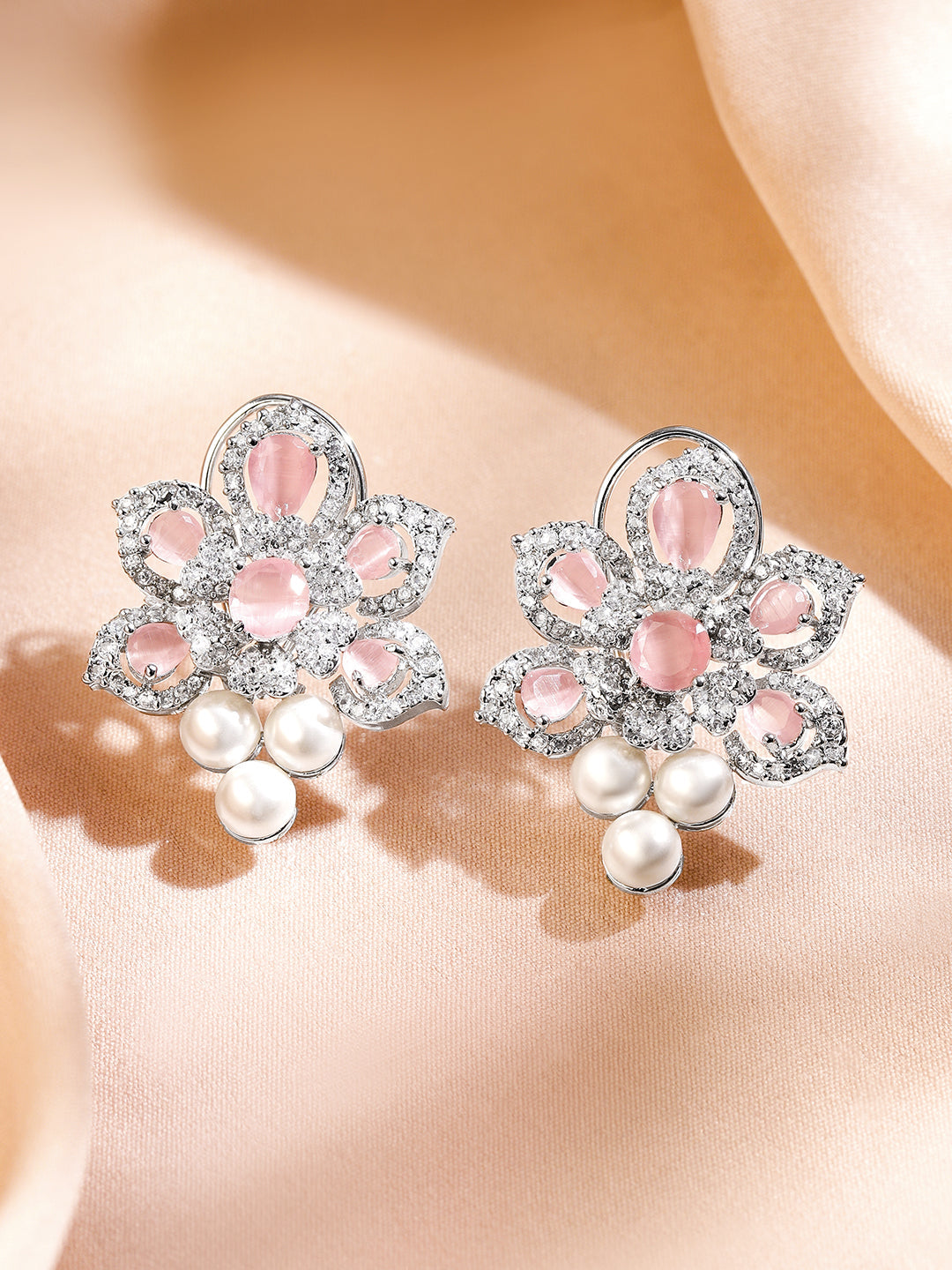 Dreamy Pink American Diamond Zirconia & Pearls Studs