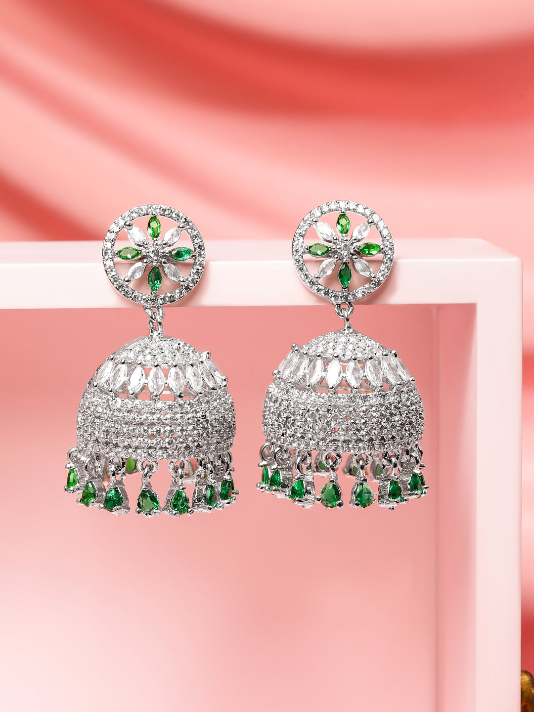 Festive Glow Green American Diamond Zirconia Jhumka