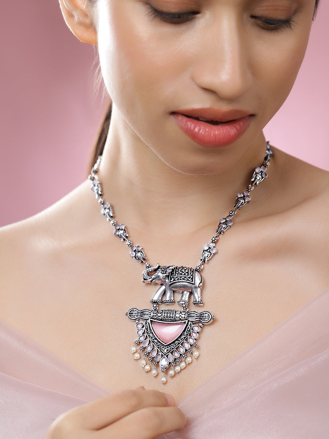 Antique Elephant Motif with Pearl Beads Statement Necklace
