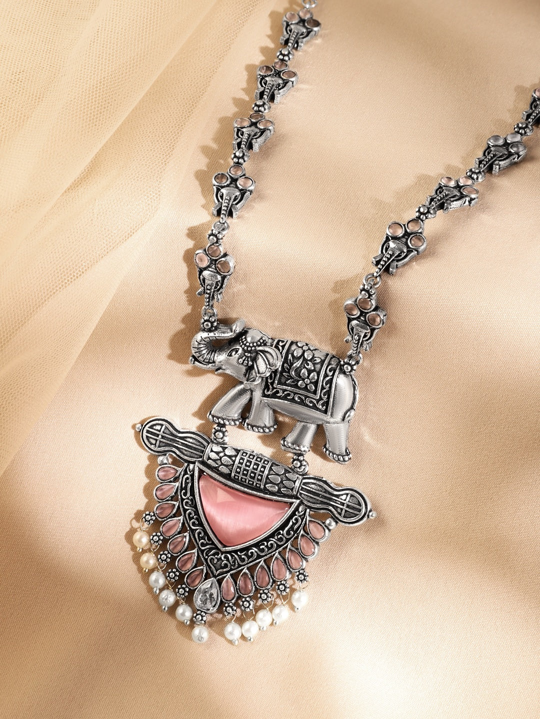 Antique Elephant Motif with Pearl Beads Statement Necklace