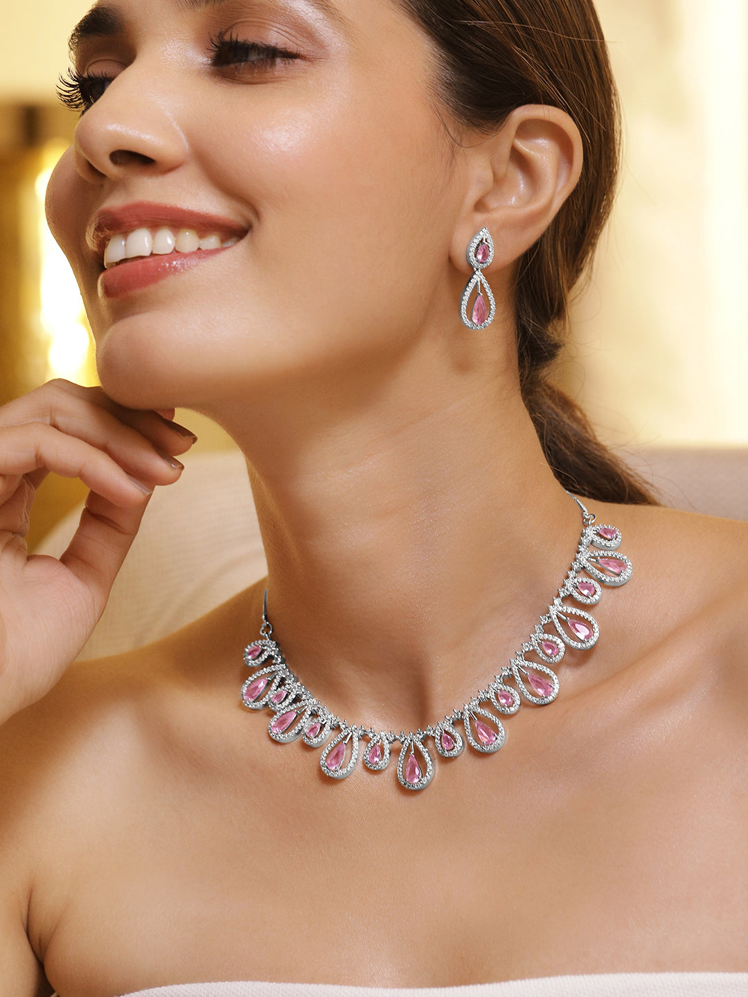 American Diamond Zirconia Purple Drop Necklace Set