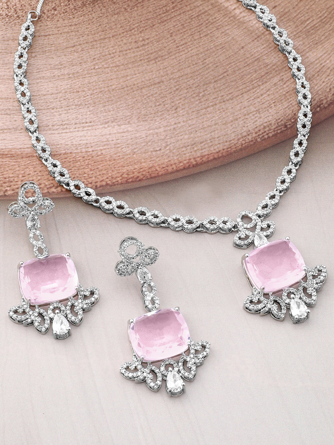 American Diamond Zirconia Rose-Pink Necklace Set