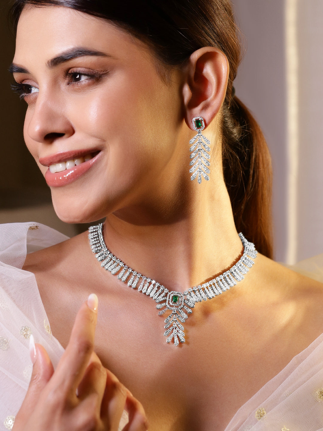Green Accented American Diamond Zirconia Necklace Set