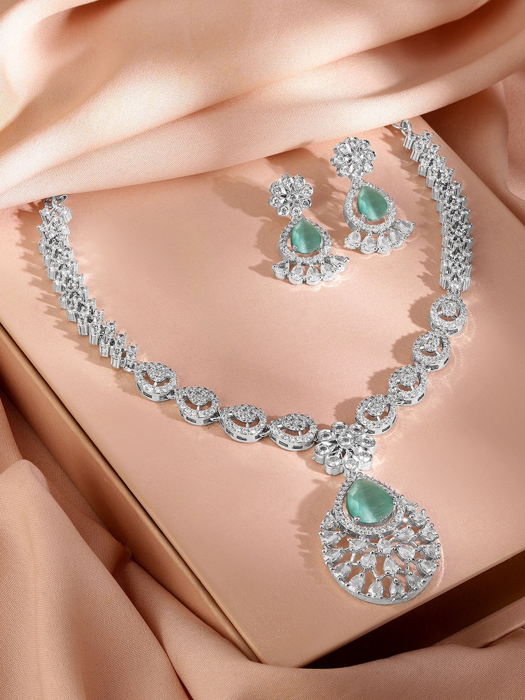 American Diamond Zirconia Green Accented Necklace Set