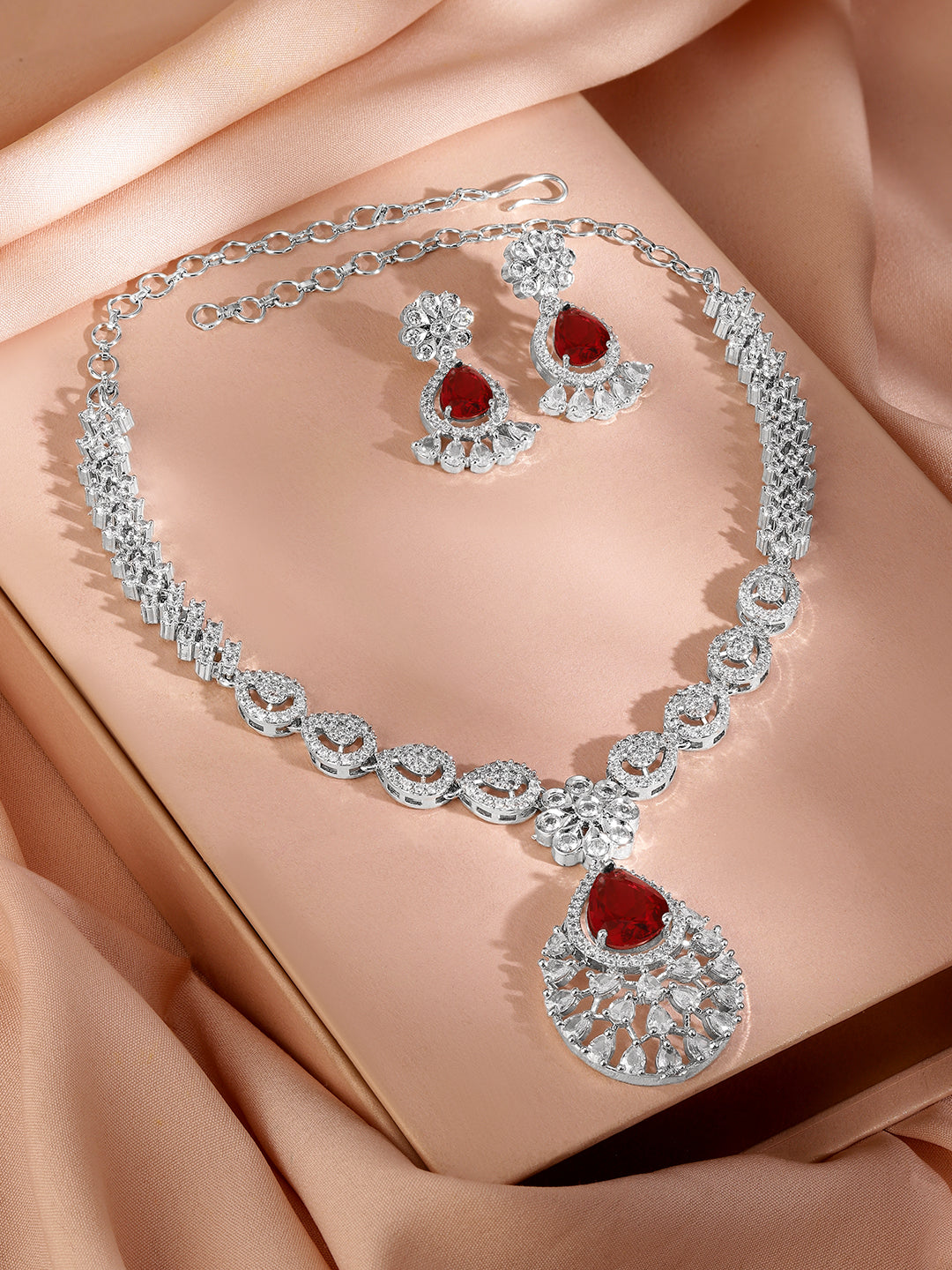 American Diamond Zirconia Red Necklace Set