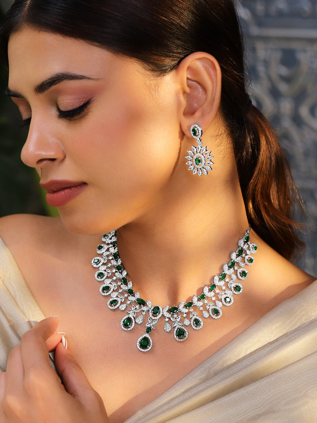 American Diamond Zirconia Green Teardrop Necklace Set