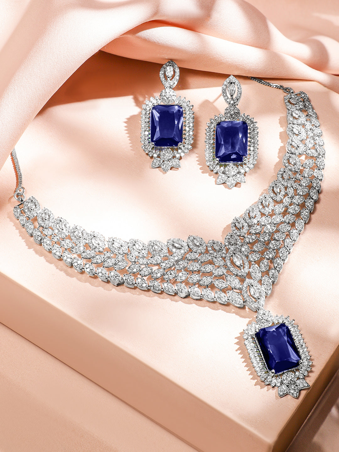 Blue American Diamond Zirconia Short Necklace Set