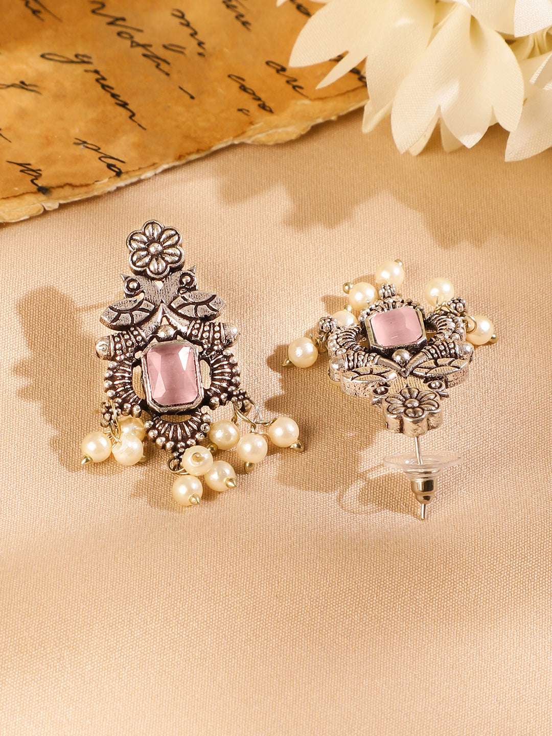 Oxidised Pearl Drop Pink Necklace Set