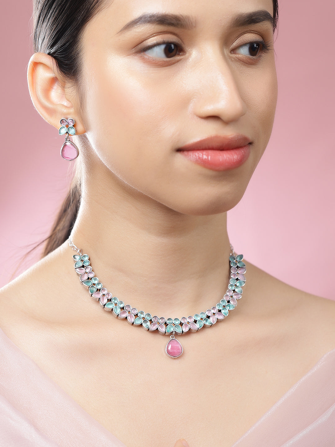 Pink & Green Studded Necklace Set
