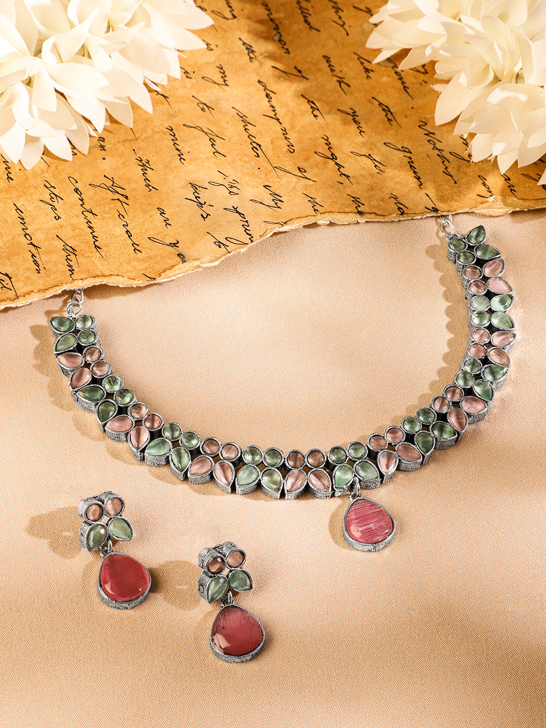 Pink & Green Studded Necklace Set