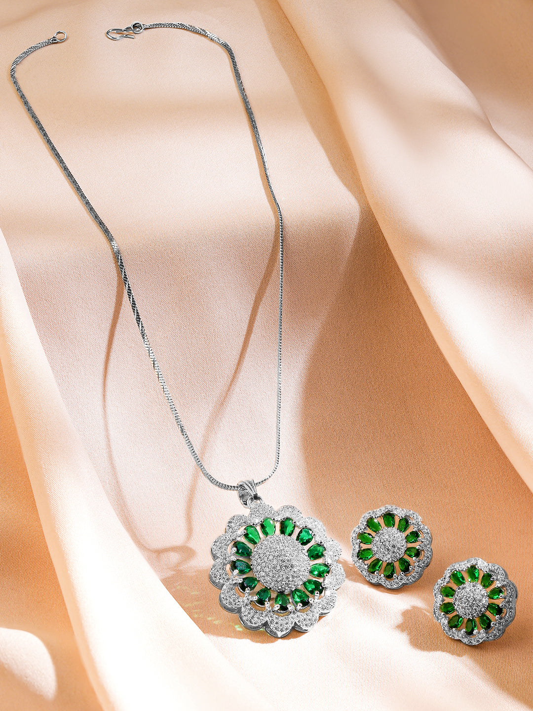 American Diamond Zirconia Floral Green Pendant Set