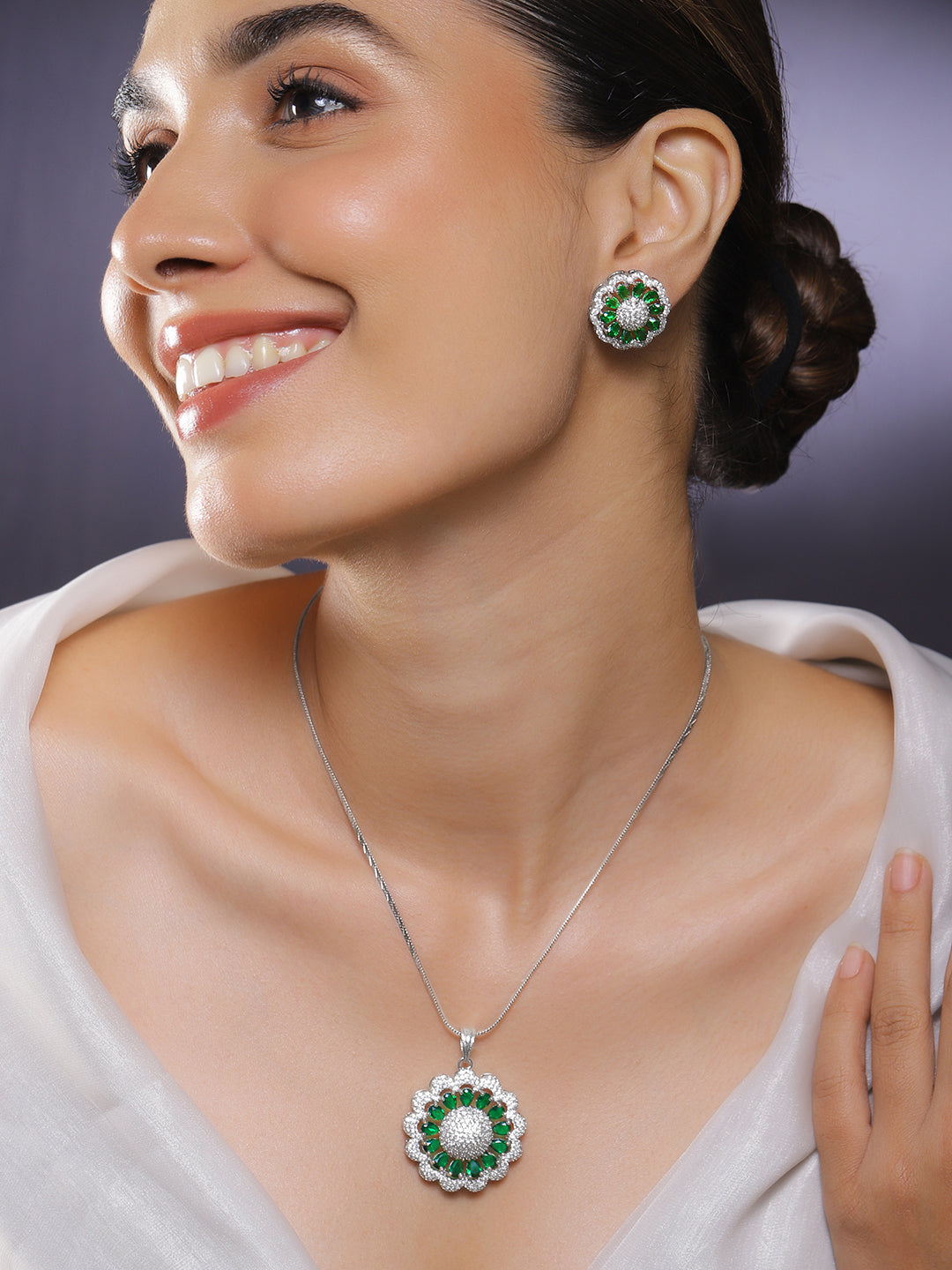 American Diamond Zirconia Floral Green Pendant Set