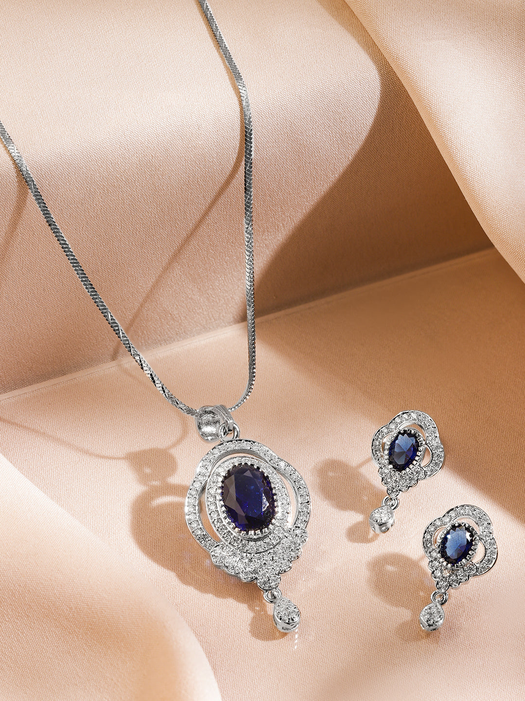 American Diamond Zirconia Necklace Set With Blue Sapphire