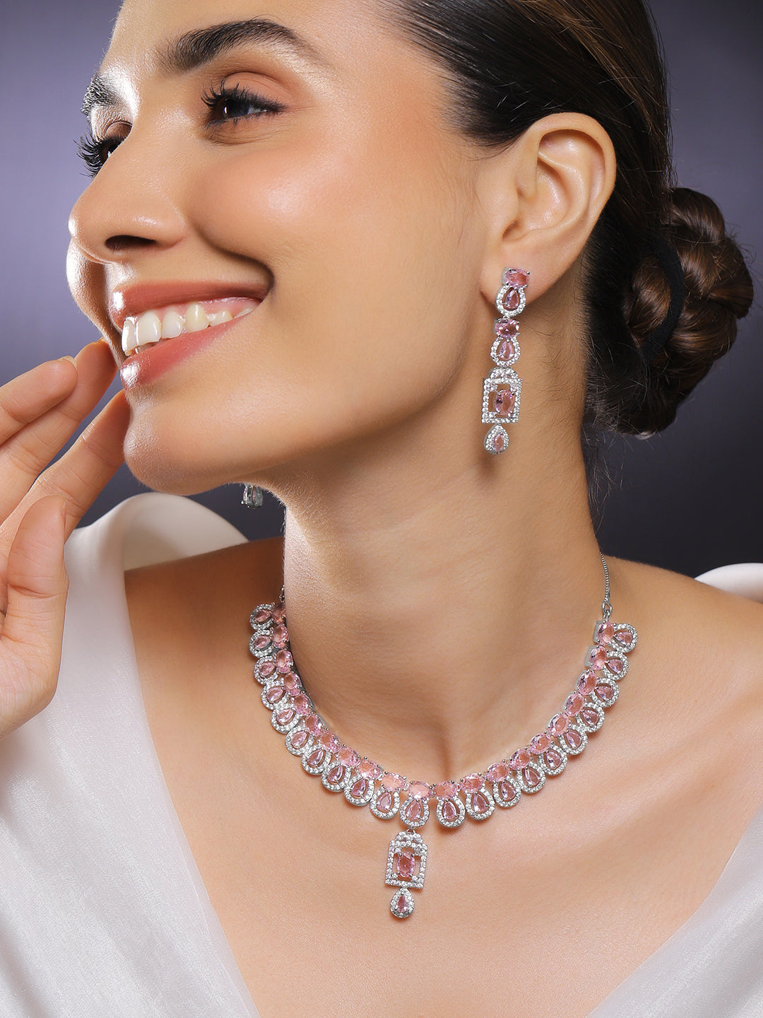 American Diamond Zirconia Teardrop Pink Necklace Set