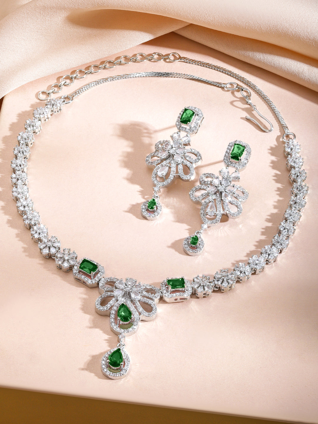 Green American Diamond Zirconia Floral Necklace Set