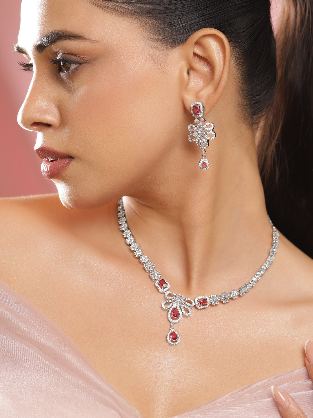 Red Studded American Diamond Zirconia Floral Necklace Set