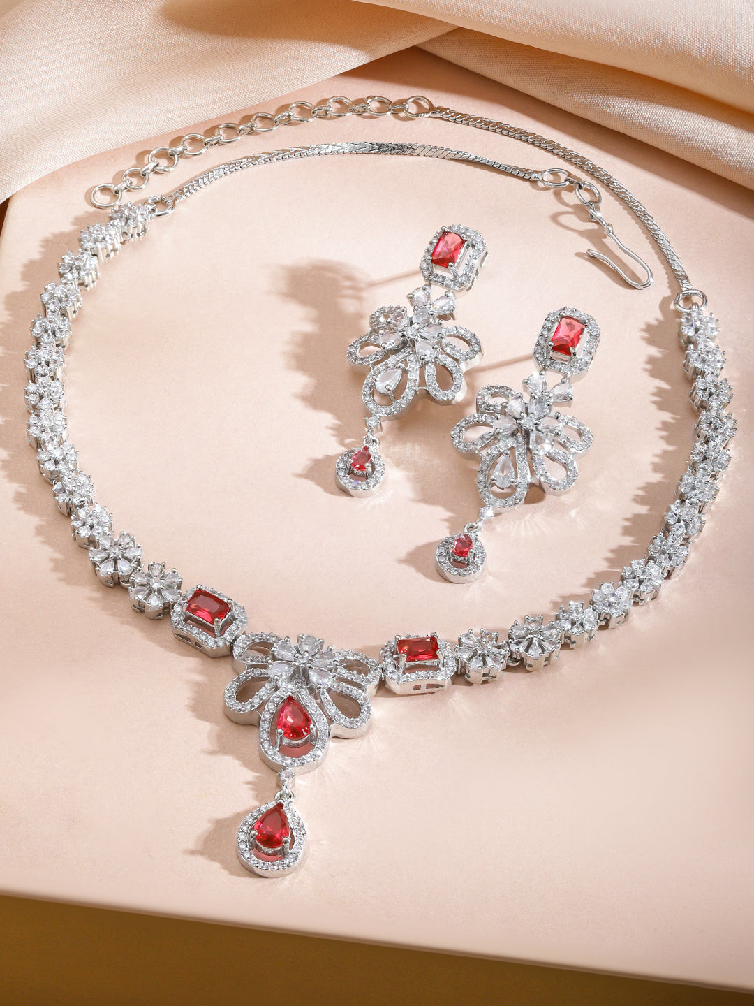 Red Studded American Diamond Zirconia Floral Necklace Set