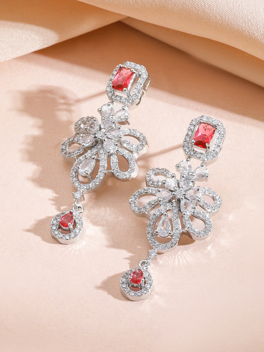 Red Studded American Diamond Zirconia Floral Necklace Set