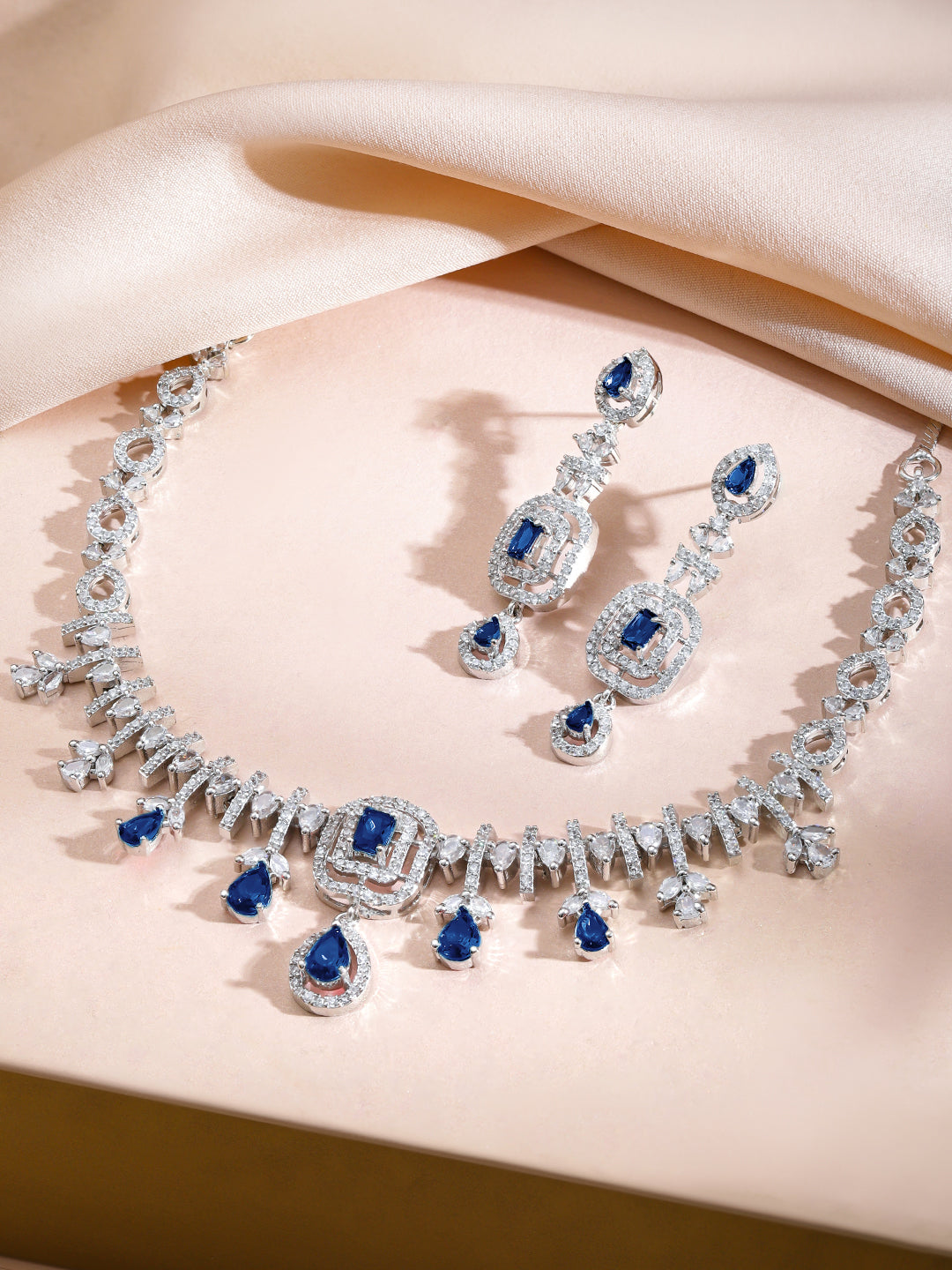 American Diamond Zirconia Blue Teardrop Necklace Set