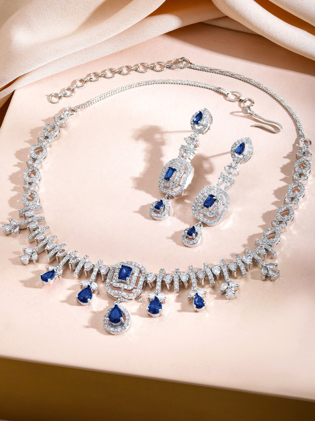 American Diamond Zirconia Blue Teardrop Necklace Set