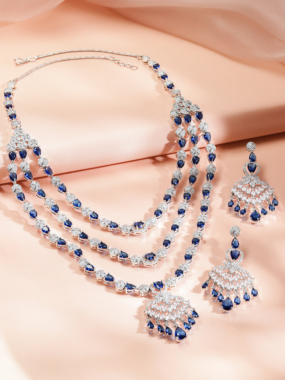 Blue Studded Triple Layered Necklace Set