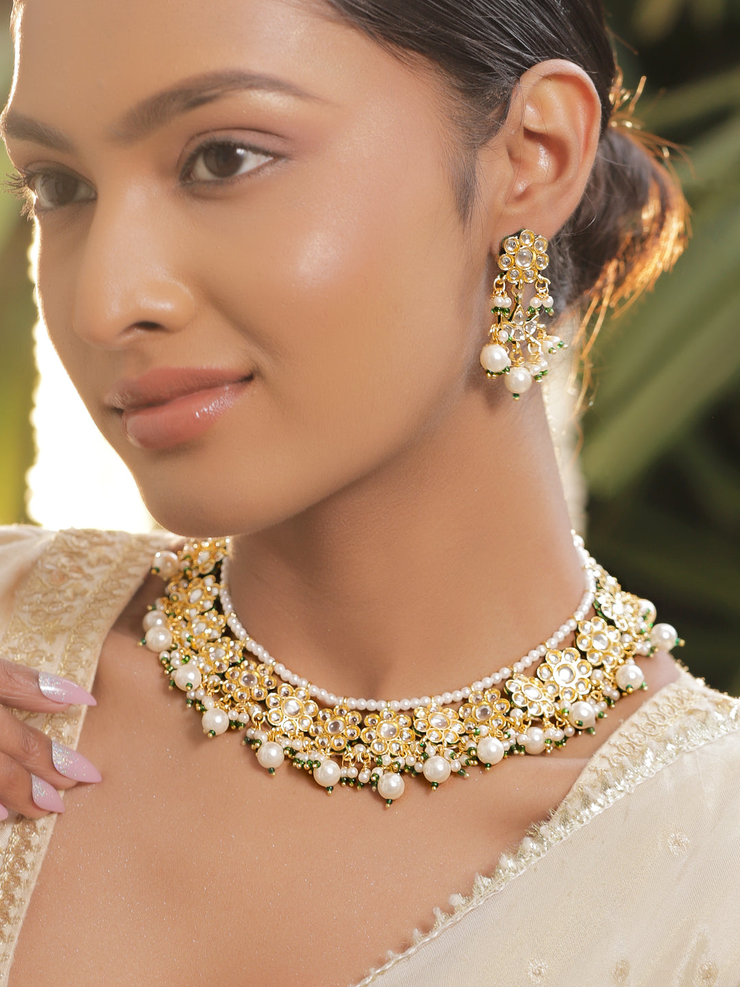 Kundan Grace in Emerald Bloom Necklace Set