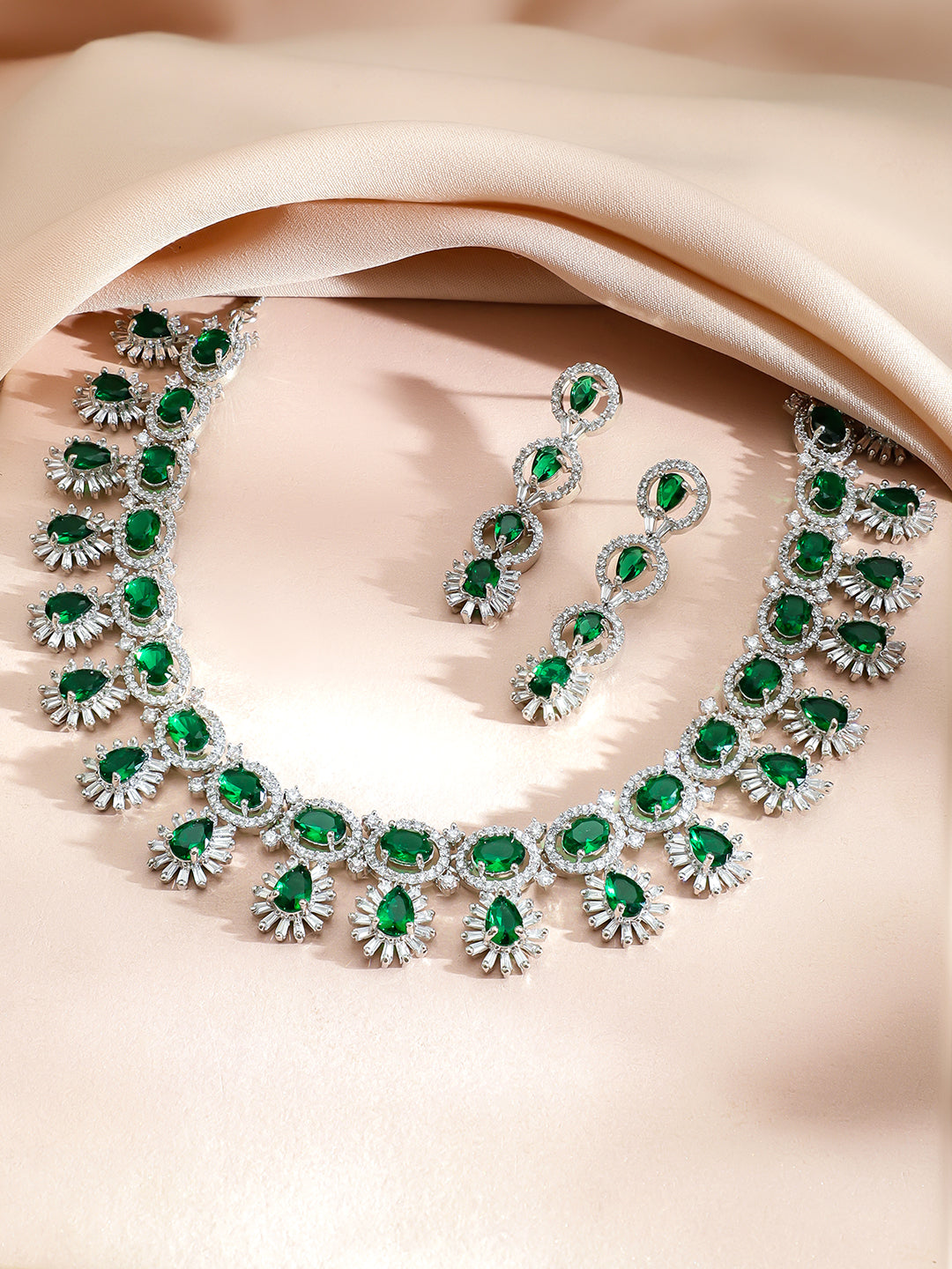 American Diamond Zirconia Emerald Necklace Set
