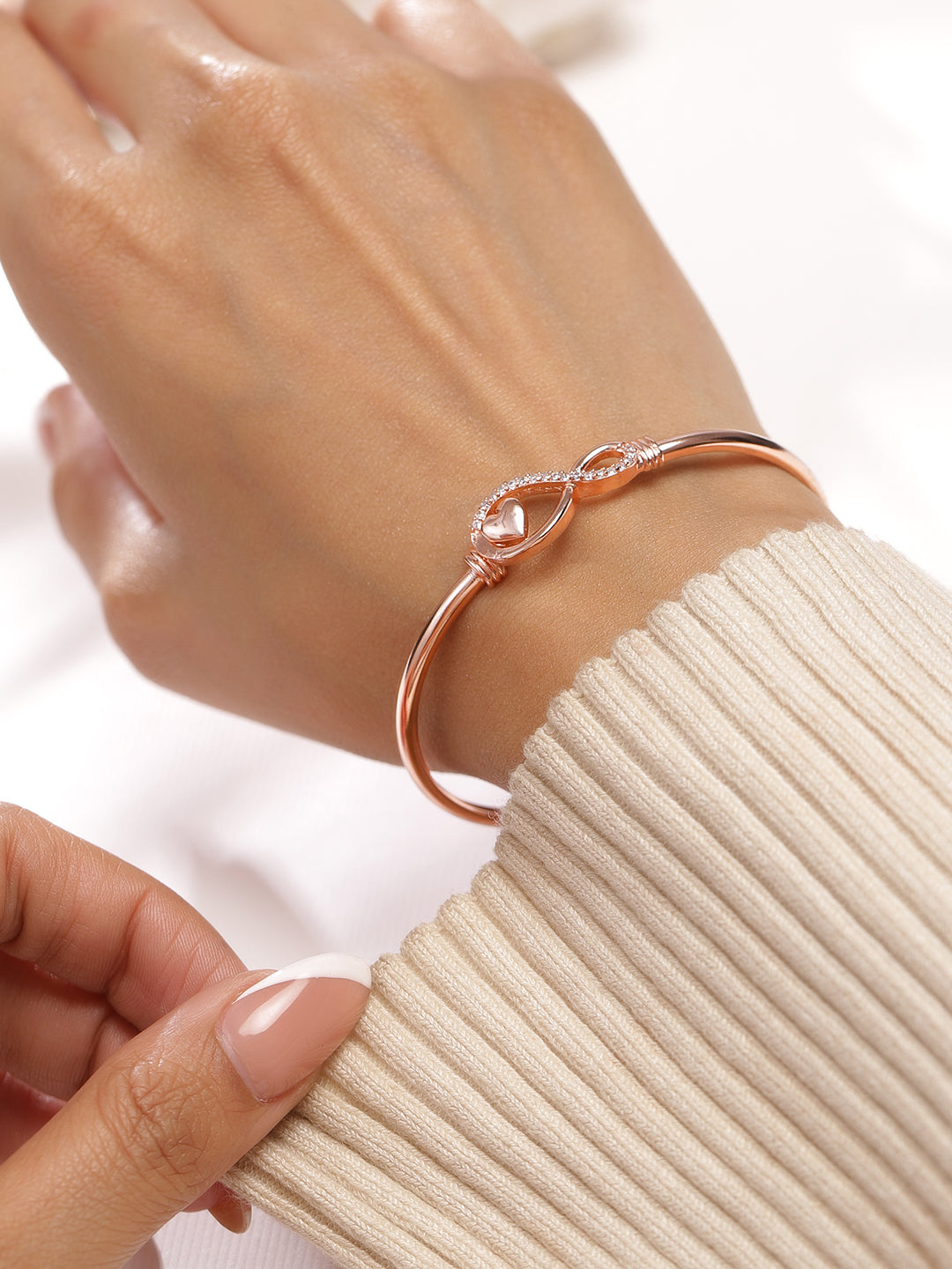 Wentra 18K Rose Gold-Plated Infinity & Heart Motif Crystal Zirconia Studded Sleek Bracelet