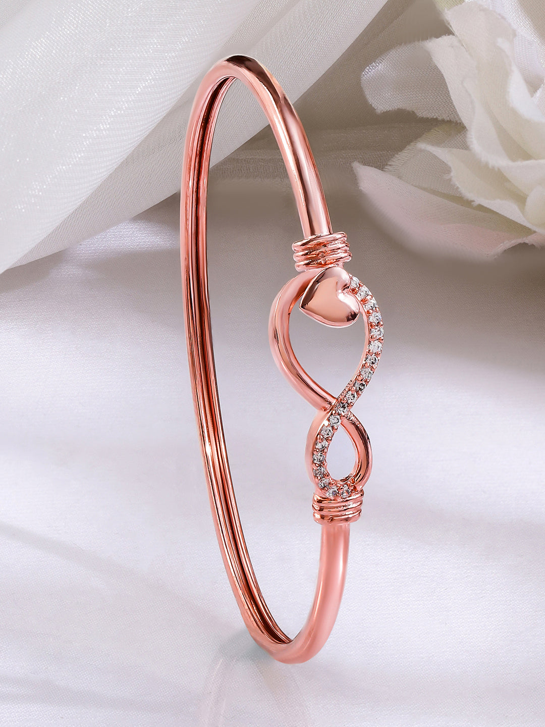 Wentra 18K Rose Gold-Plated Infinity & Heart Motif Crystal Zirconia Studded Sleek Bracelet