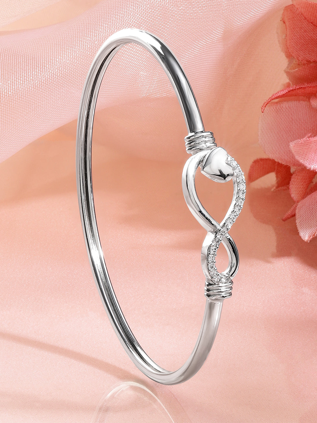 Wentra Rhodium-Plated Infinity & Heart Motif Crystal Zirconia Studded Sleek Bracelet
