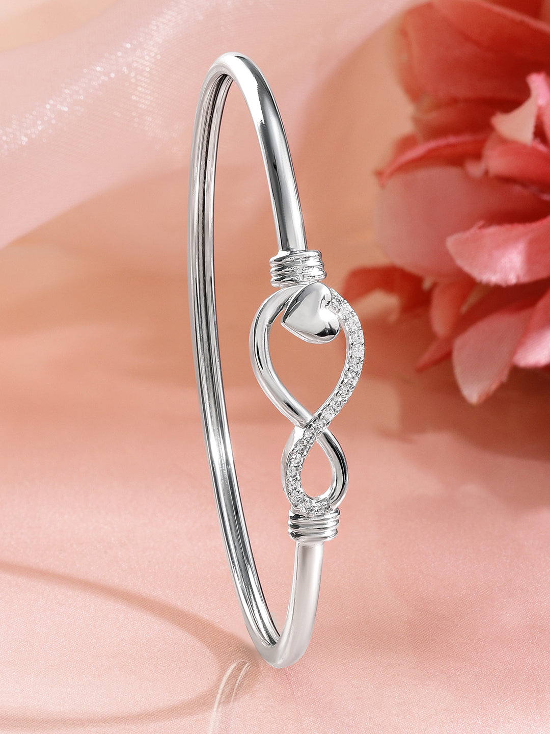 Wentra Rhodium-Plated Infinity & Heart Motif Crystal Zirconia Studded Sleek Bracelet