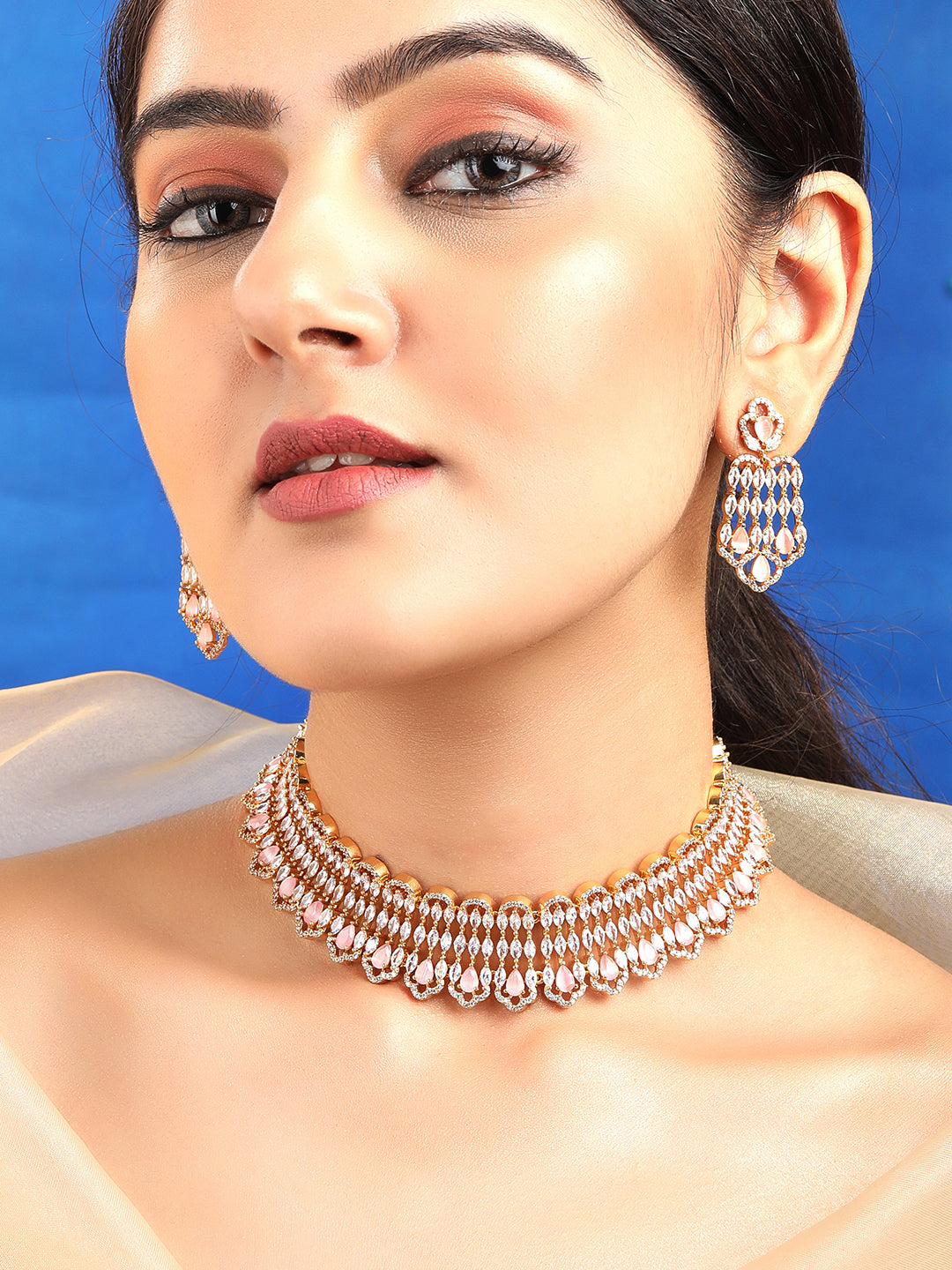 Pink Teardrop American Diamond Zirconia Necklace Set