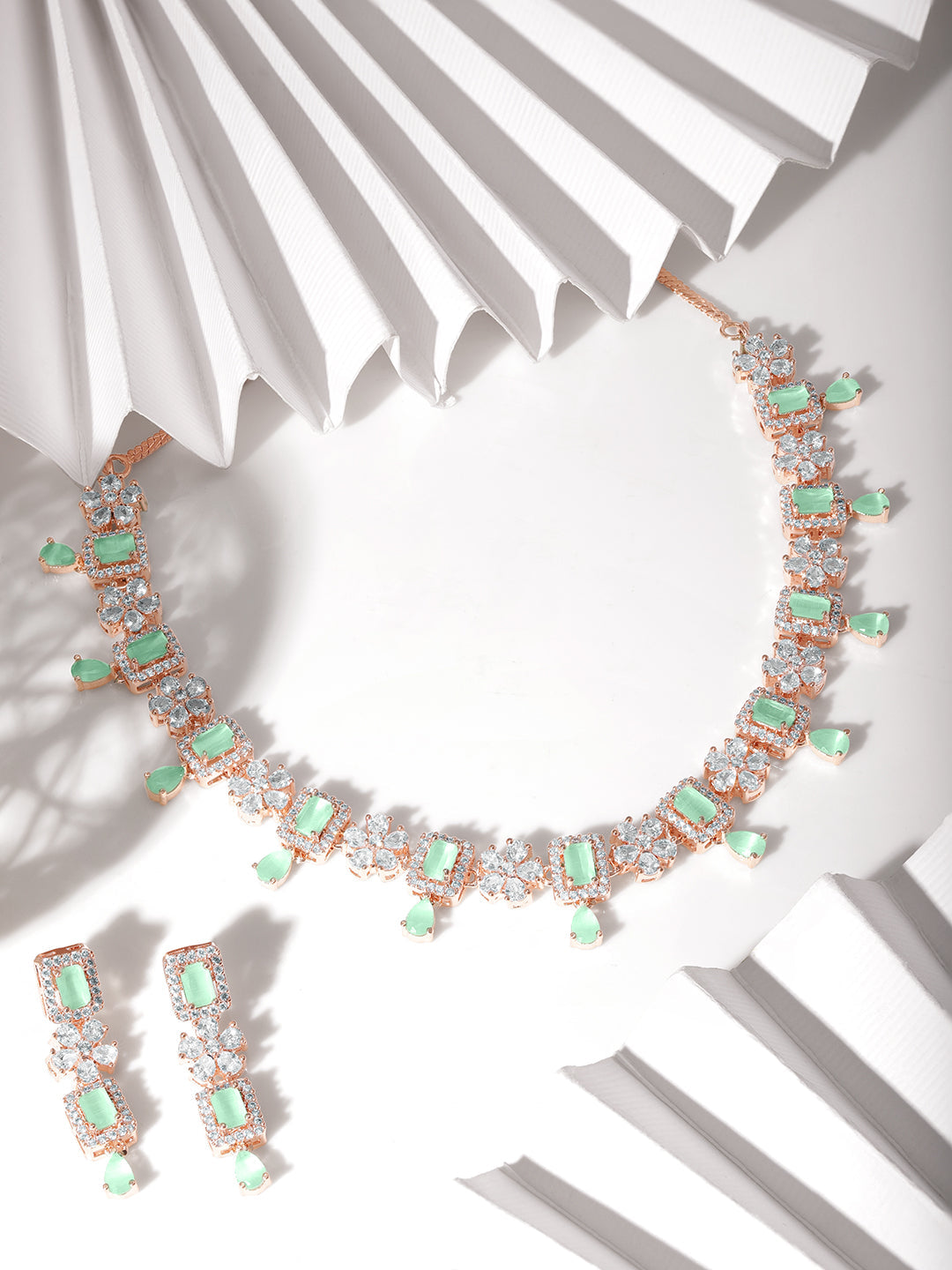 Wentra 22K Rose Gold Plated Mint Green Sapphire & Cubic Zirconia Studded Jewelry Set Design